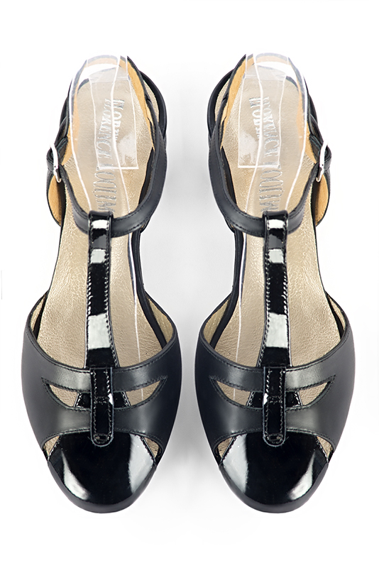 Gloss black women's open back T-strap shoes. Round toe. Flat leather soles. Top view - Florence KOOIJMAN